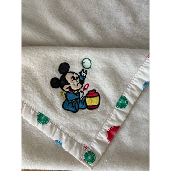 Vintage Disney Babies Mickey Mouse Embroidered White Fleece Blanket 35x45 - Picture 1 of 5